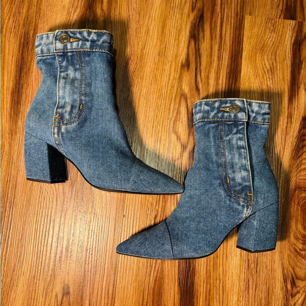 Jeffrey Campbell Denim Pointed Toe Block Heel Ankle Boots - Blue